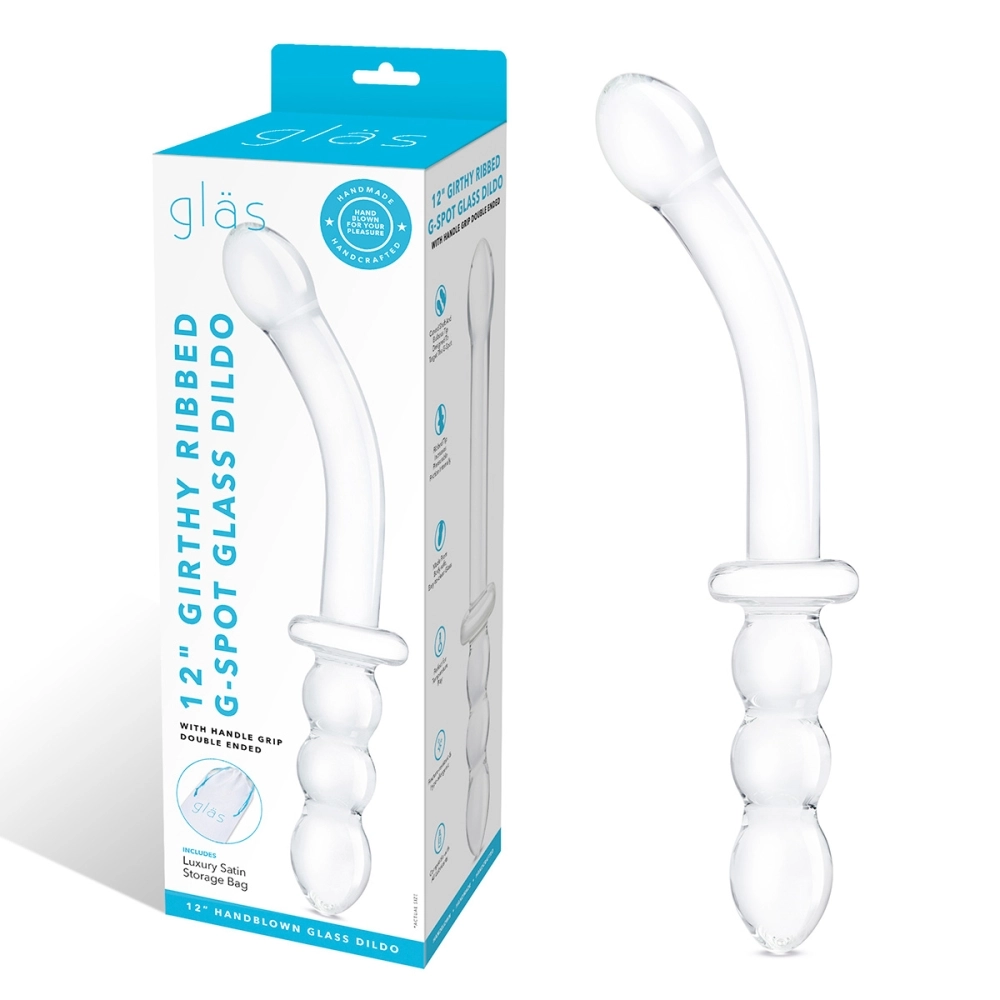Изогнутый стеклянный фаллоимитатор 12’’ Girthy Ribbed G-Spot Glass Dildo With Handle Grip Double Ended - 30 см.