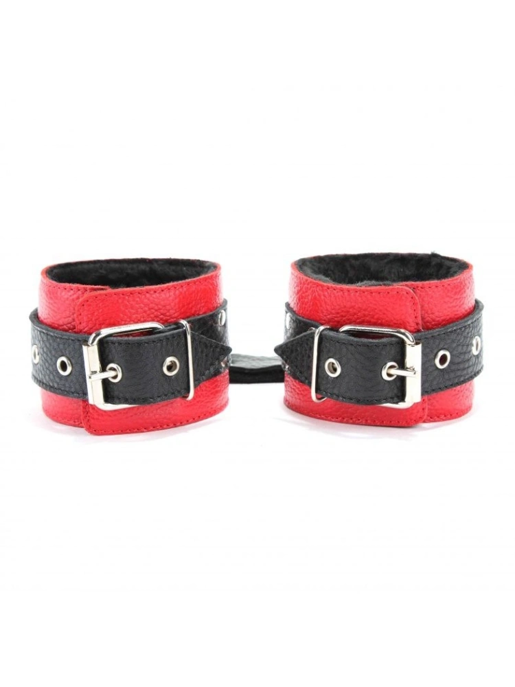 Красно-черные наручники c меховой подкладкой