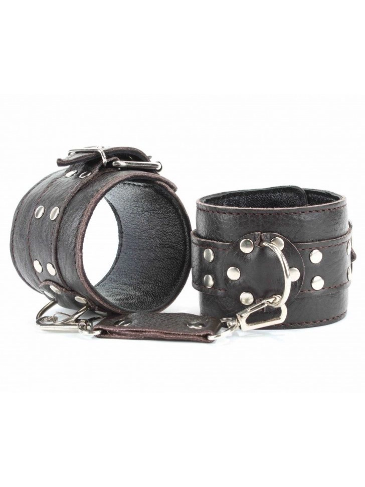 Коричневые кожаные наручники на металлической цепочке