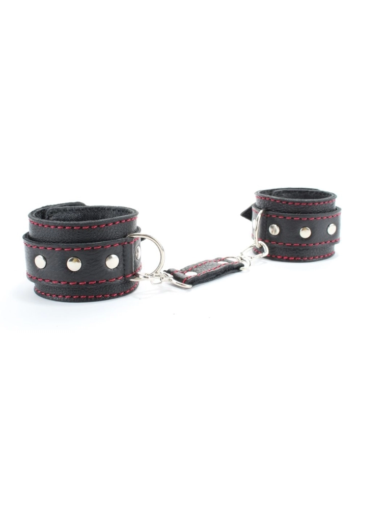 Черные наручники из натуральной кожи с красной строчкой